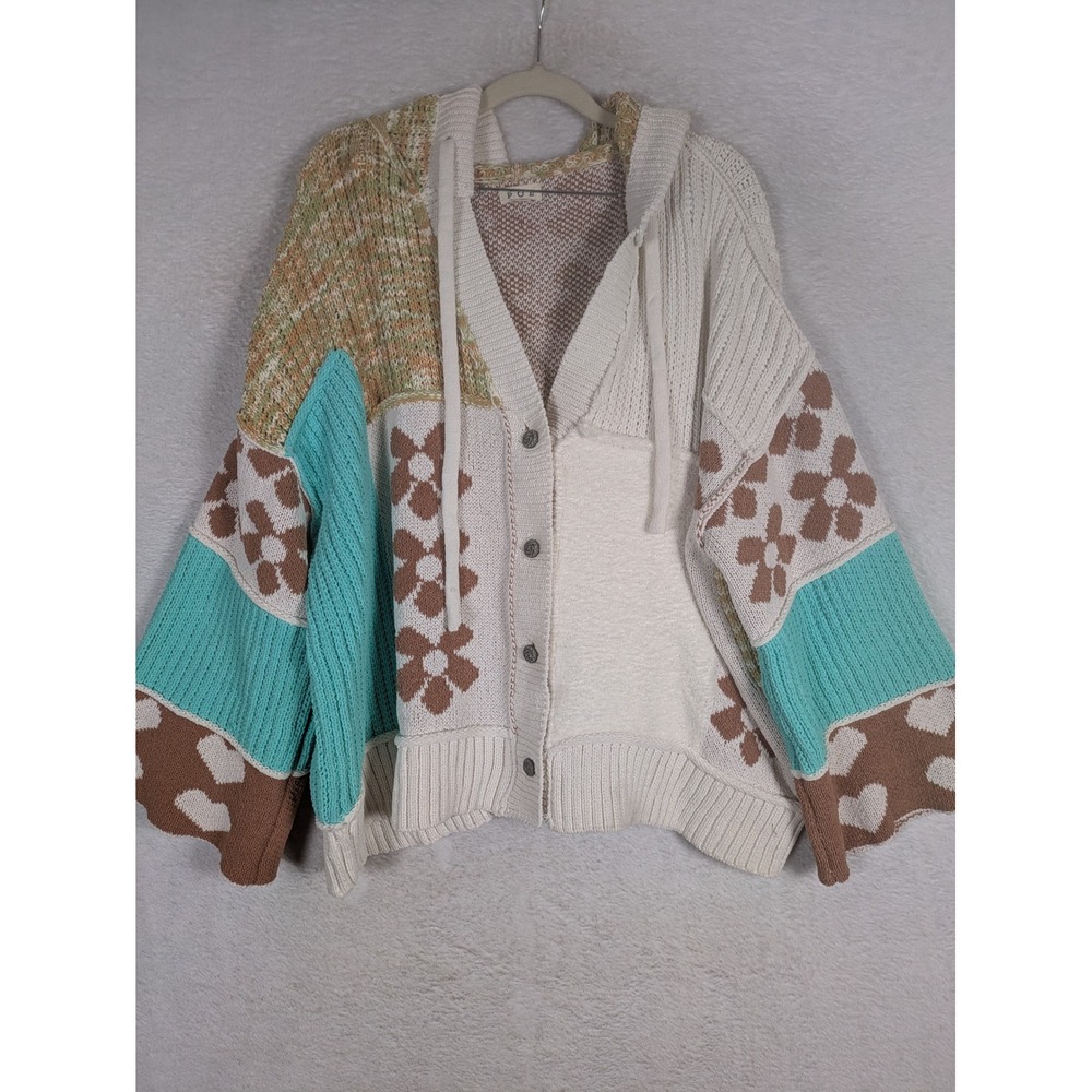 POL Patchwork Cardigan Women's L Multicolor Floral Heart Hooded